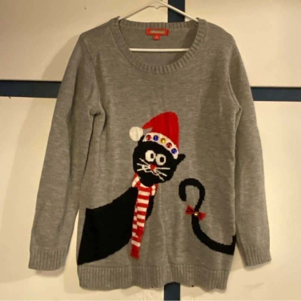 Holiday Traditions Sweater Women’s Size Medium‎ Santa Cat Gray Pullover